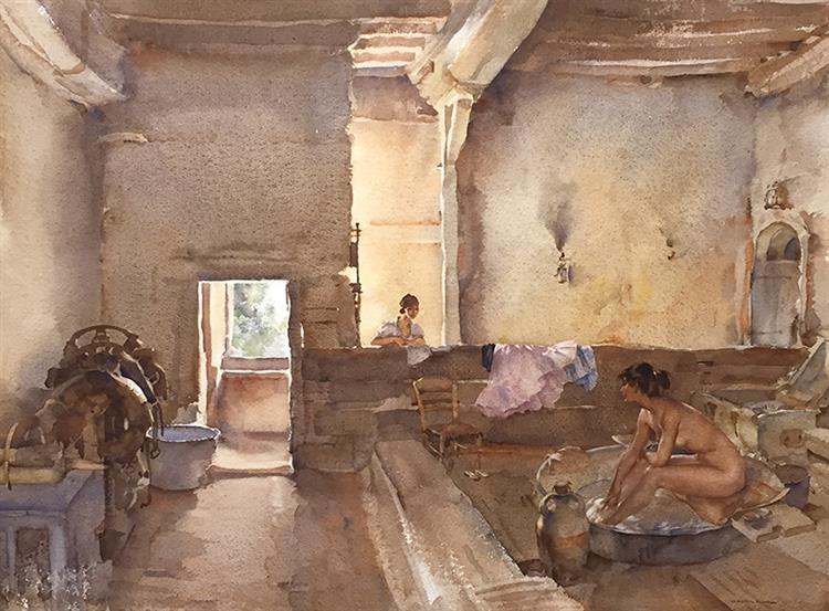 The Chateau Bath, Equilly (Paméla Bathing) - William Russell Flint