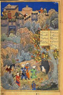 Iskandar, in the Likeness of Husayn Bayqara, Visiting the Wise Man in a Cave. - Behzād