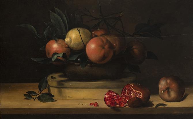 Bowl of Lemons and Oranges on a Box of Wood Shavings and Pomegranates - Луиза Муайон