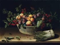Still Life with a Basket of Fruit and a Bunch of Asparagus - Louise Moillon