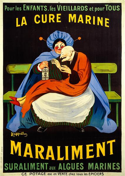 A Nursemaid Holding a Senile Man in Her Lap and Feeding - Leonetto Cappiello