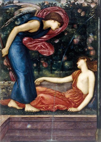Cupid finding Psyche: winged cupid standing over body of Psyche asleep below a fountain, roses on a trellis behind, 1866 - Edward Burne-Jones