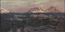 Fishing Harbour with Sunlit Mountains. Study from North Norway - Anna Katarina Boberg