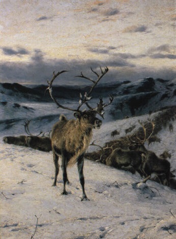 Rentier auf Anhöhe vor verschneiter Tundralandschaft, 1896 - Ріхард Фрізе