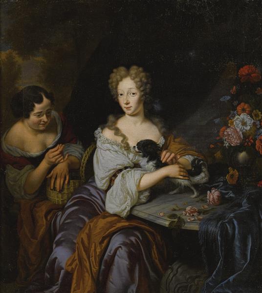 Portrait of a Lady with Her Dog and a Maid, 1686 - Михиль ван Мюссер