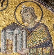 Імператор Костянтин I передає макет міста Пресвятій Діві Марії - Візантійські Мозіїки