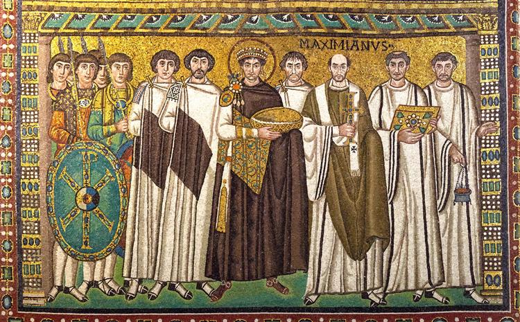Імператор Юстиніан та його по́чет, c.547 - Візантійські Мозіїки