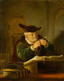 A Sholar sharpening his Quill - Salomon Koninck