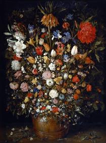 Flowers in a Wooden Vessel - Jan Brueghel, o Velho
