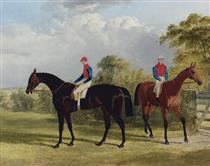 The Earl of Chesterfield's Industry with W Scott up and Caroline Elvina with J Holmes up in a paddock - John Frederick Herring senior