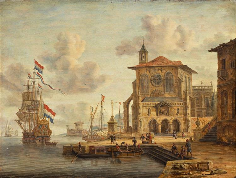 Havnescene Med Middelalderlig Bygning, 1674 - Abraham Storck