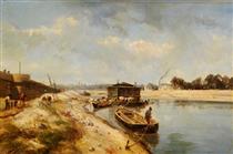 River Scene with Barges and Figures - Johan Barthold Jongkind