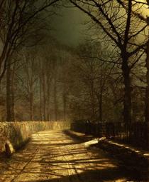 A Moonlit Lane with Two Lovers by a Gate - John Atkinson Grimshaw