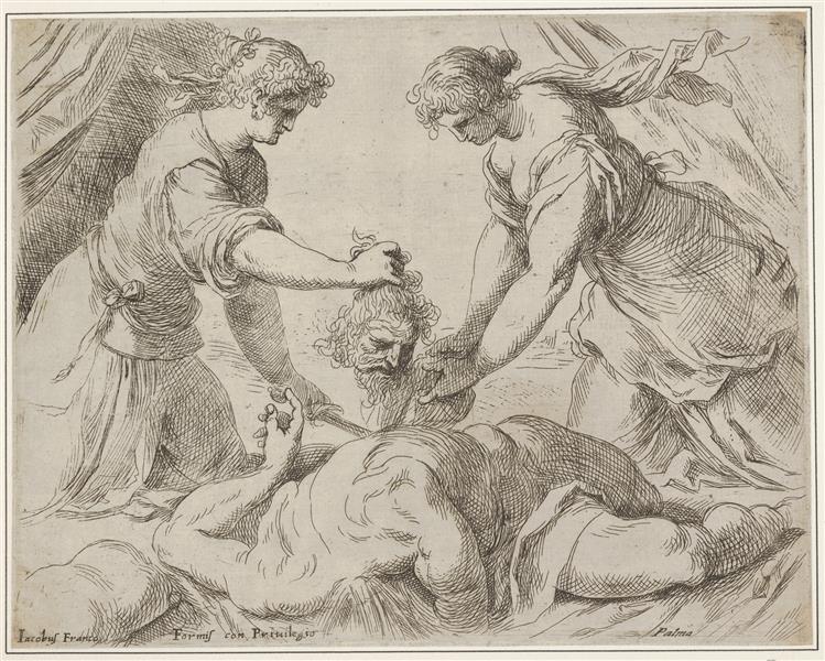 Judith Placing the Head of Holofernes onto a Cloth Held by Another Female Figure, the Foreshortened Body of Holofernes Gushes with Blood from the Neck, 1628 - Palma il Giovane