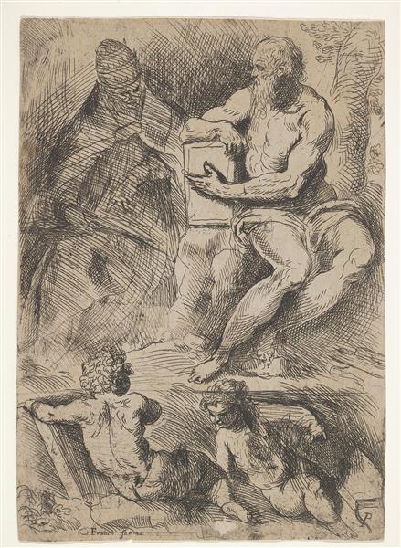 Sheet of Studies with St. Jerome, Seated at Right and Resting His Right Forearm on a Book, at Left An Ecclesiastical Figure Wearing a Cope and Miter, and at Bottom Two Putti, 1628 - Palma il Giovane