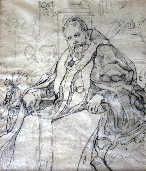 Portrait of Metropolitan Andrei Sheptytsky. Drawing to the composition "Prince of the Church", 1915 - Олекса Новаківський