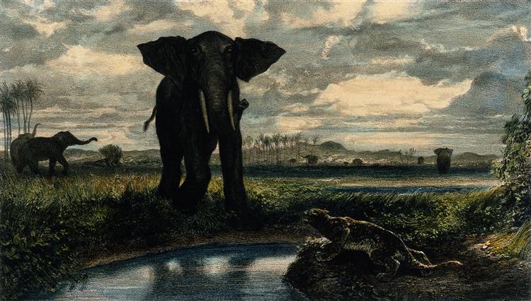 Elephants and a Panther in the Indian Desert - Alexandre-Gabriel Decamps