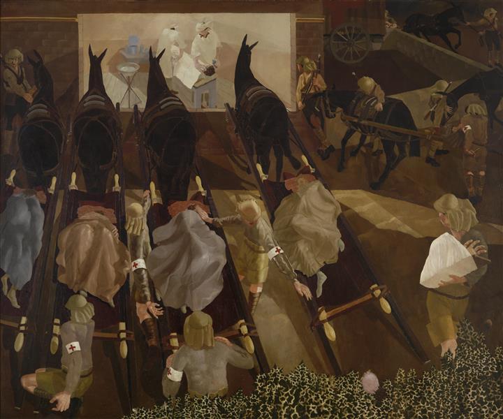 Travoys Arriving with Wounded at a Dressing-station at Smol, Macedonia, September 1916, 1919 - Stanley Spencer