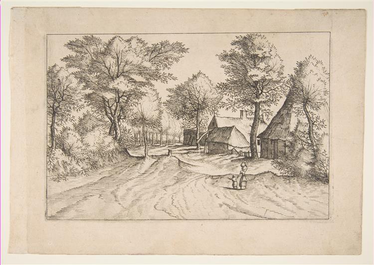 Village Road with a Farm and Sheds, from the Series, The Small Landscapes (Multifariarum Casularum), 1559 - 1561 - Meister der kleinen Landschaften