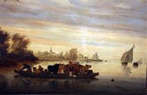 Pesaggio fluviale con zattere che trasportano bestiame - Salomon van Ruysdael