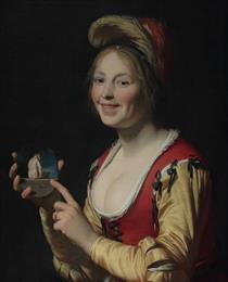 Smiling Girl, a Courtesan, Holding an Obscene Image - Gerrit van Honthorst