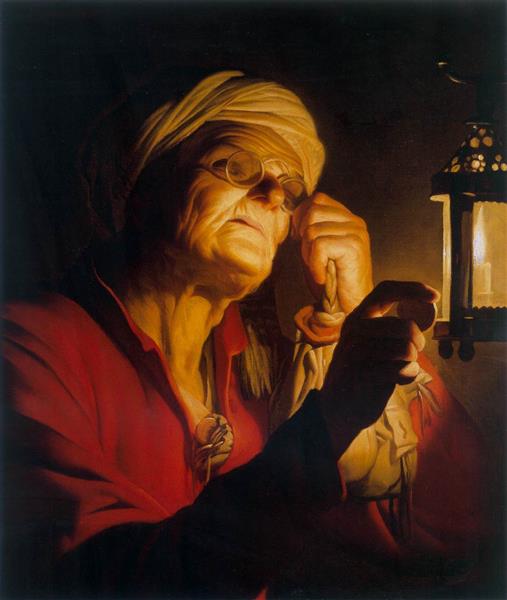 Old Woman Examining a Coin by a Lantern, 1623 - Геррит ван Хонтхорст