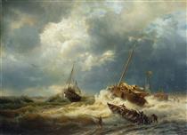 Ships In A Storm On The Dutch Coast - Andreas Achenbach