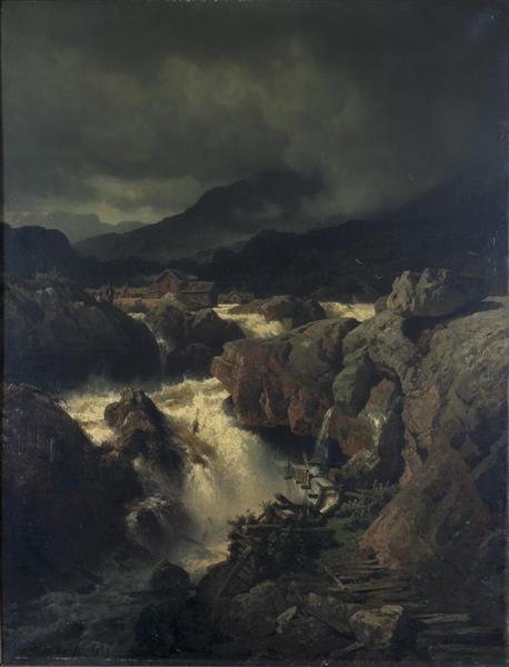 Rock Landscape With Waterfall in Norway, 1853 - Андреас Ахенбах