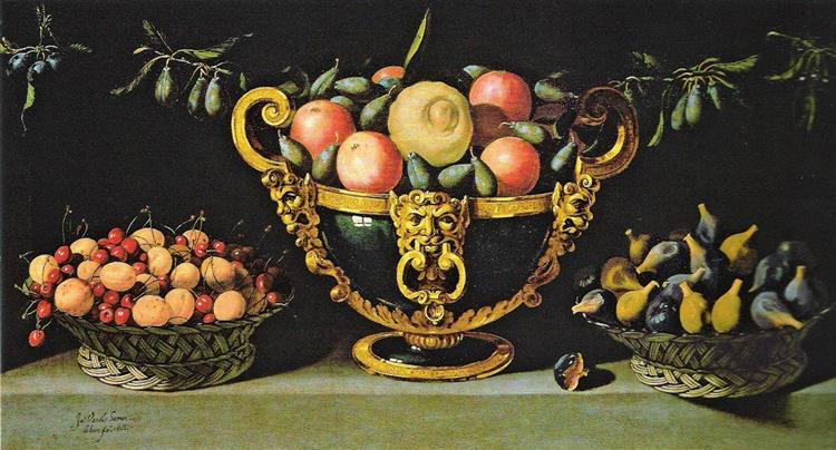 Große Fruchtschale Mit Feigenkorb Und Korb Mit Aprikosen Und Kirschen - Juan van der Hamen