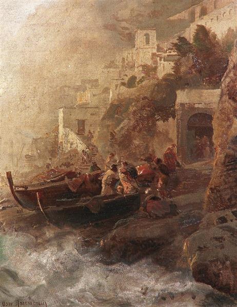 Fishermen on the banks of the Amalfi Coast - Oswald Achenbach