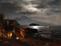 Nocturnal, Moonlit Coastline near Naples - Oswald Achenbach