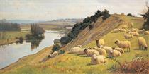 A Riverside Pasture with Sheep - William Sidney Cooper