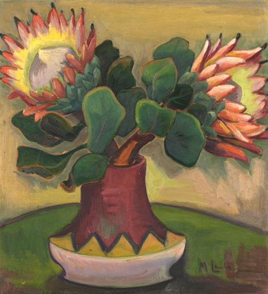 Still Life with Proteas in a Vase with Zig Zag Pattern - Maggie Laubser