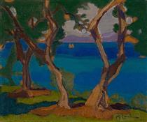 Trees at Lake with Boat - Maggie Laubser