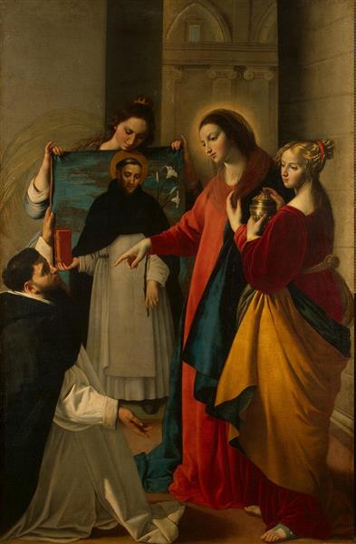 Maino La Virgen con Santa María Magdalena y Santa Catalina aparecen ante un monje Dominico en Soriano, c.1630 - Juan Bautista Maíno