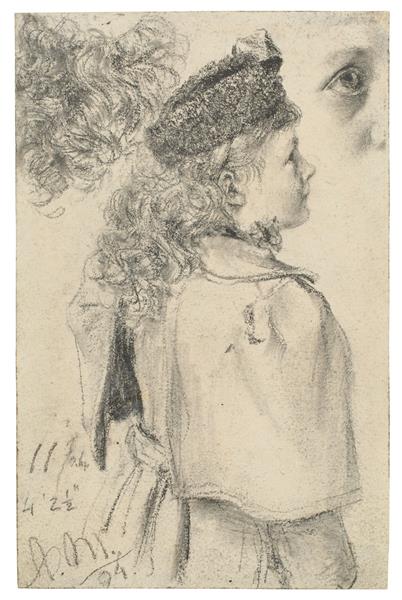 Young girl in profile with fur cap, 1894 - Adolph von Menzel