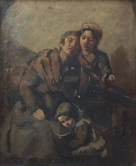 Mother and her Children, holding him a hurdy gurdy - Alexandre Antigna