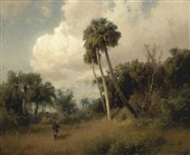 A Hunter Among Windswept Palms and Passing Clouds - Hermann Ottomar Herzog