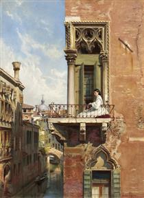 Anna Passini on the balcony of Palazzo Priuli in Venice - Ludwig Passini