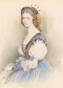 Portrait of a young lady in a blue dress, with lowered eyes - Josef Kriehuber