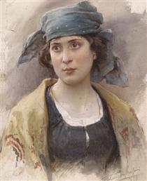 Girl with a green headscarf - Ludwig Passini