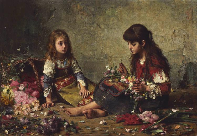 Two girls arranging flowers - Alexei Harlamoff