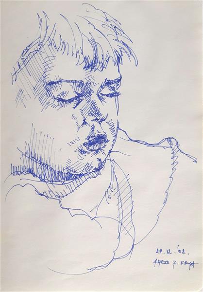 The sketchbook page. My son Gabriel sleeps sitting with his mouth open, 2002 - Alfred Krupa