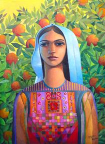 Portrait with Oranges - Sliman Mansour