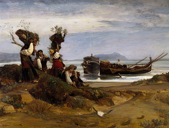 Women loading wood in the port of Anzio, 1852 - Nino Costa