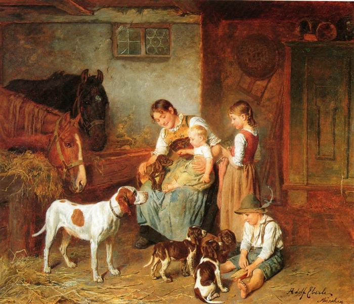 Happy family in a barn interior - Adolf Eberle