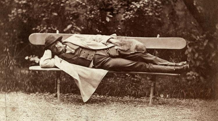 Nadar Lying On A Bench With A Cat, c.1855 - c.1860 - Надар