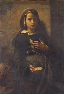 Portrait of a Young Girl, standing, three quarter length, holding a sea shell and rosary - Émile Auguste Hublin