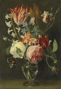 Flowers in a glass vase with a red admiral butterfly - Daniel Seghers