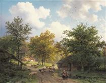 Forest landscape with farm huts and flock near a sheep pen - Barend Cornelis Koekkoek